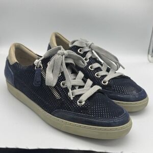 Paul Green Toby Sneakers Blue Suede Shoes Perforated Zipper Lace Up Designer 6.5